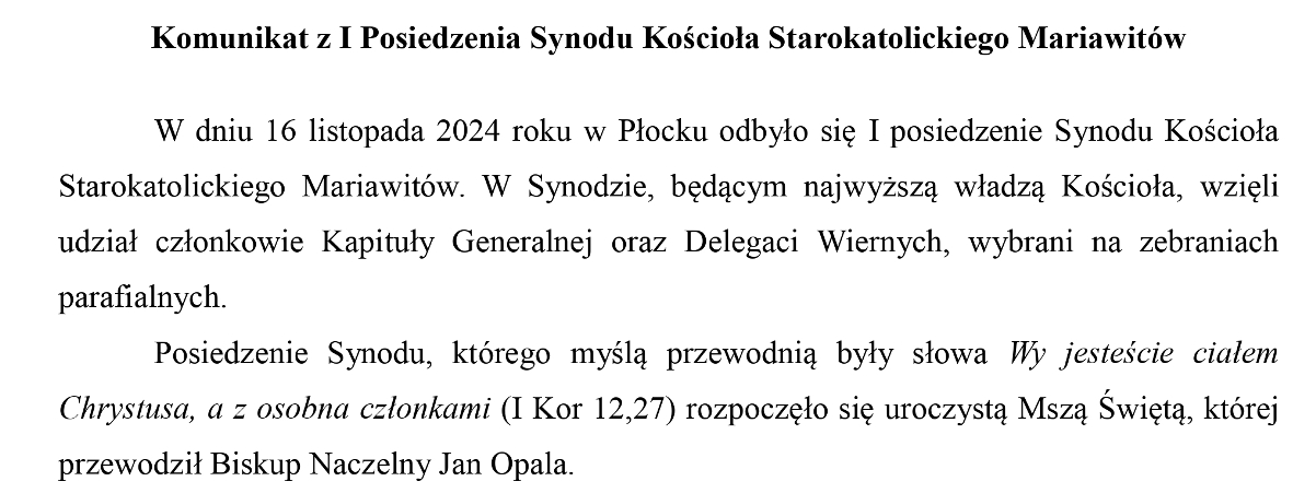 Komunikat z I Posiedzenia Synodu Kościoła Starokatolickiego Mariawitów